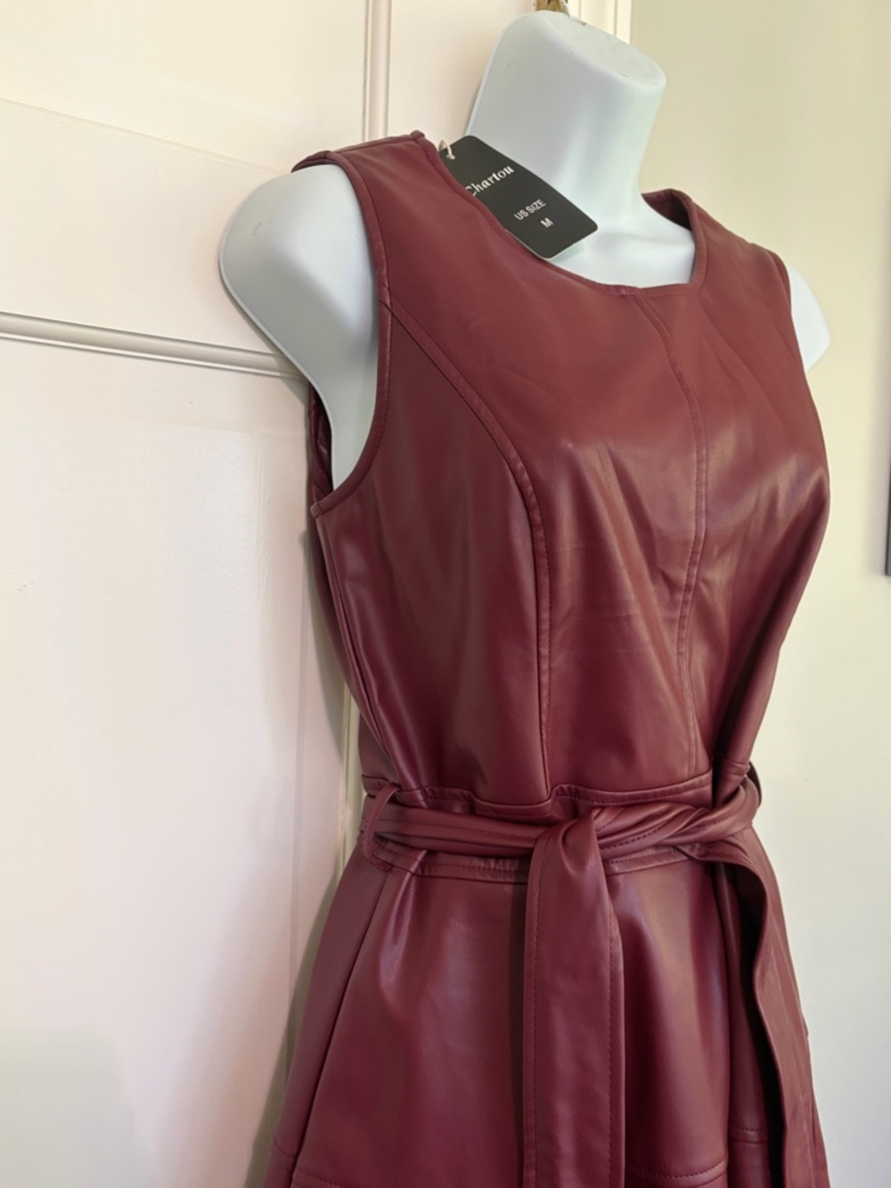 Sleeveless Faux Leather Midi Dress in Burgundy with Self-Tie Waist - Picture 2 of 6
